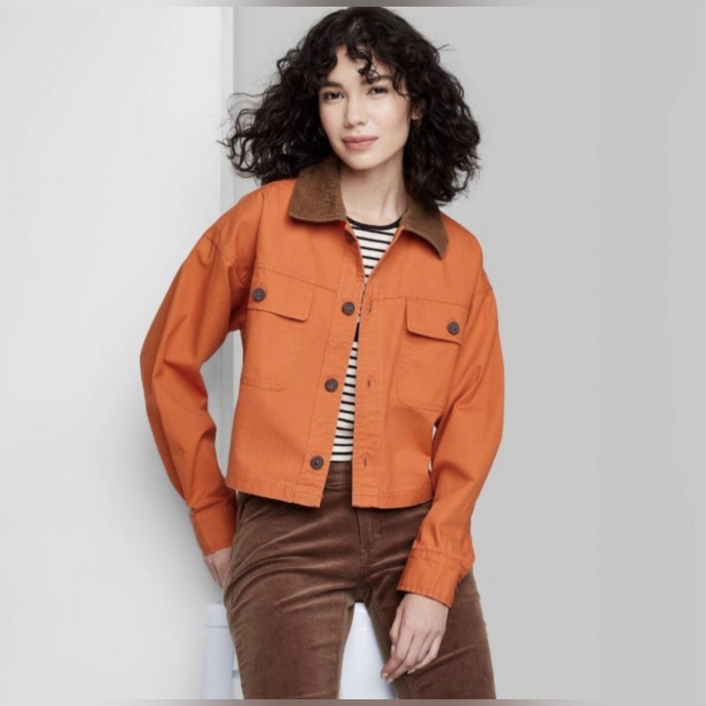 NWT Corduroy Collar Lightweight Cropped Utility Jacket in Orange/Rust